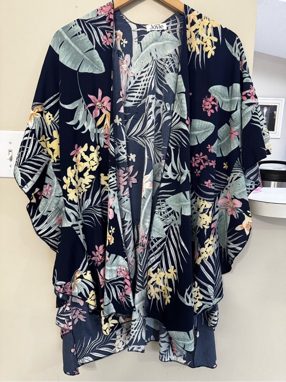 Jovie Women's Blue Tropical Floral Open Front Kimono Cover-Up Kimono Sleeve OS